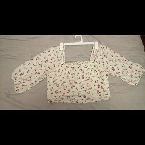 square neck white ruched fitted crop top with pink flower pattern